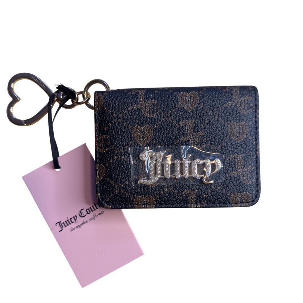 Juicy Couture Monogrammed Wallet With Rhinestone Logo & Heart Keychain - Black/B